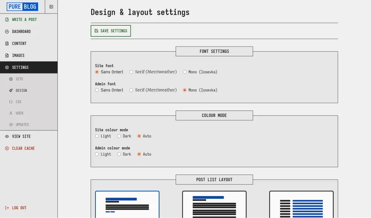 Design settings